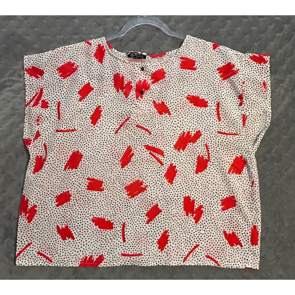 Vintage Rhapsody 1980s Print Womens White Red & Black Abstract Print Blouse FLAW - Picture 7 of 8
